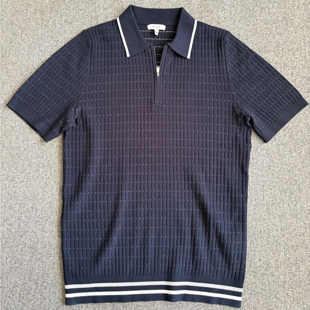 REISS Forester Textured Stripe Half Zip Polo Size S